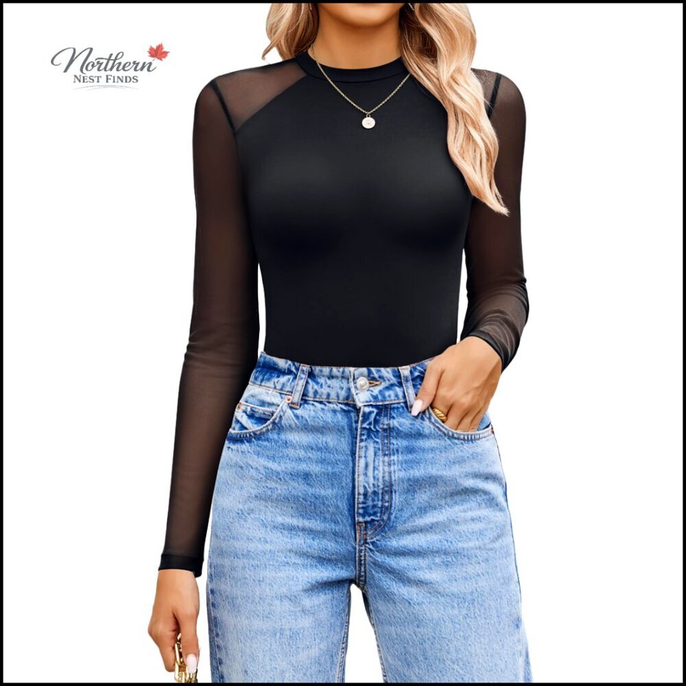 Long Sleeve Mesh Bodysuit with Snap Closure, Nylon Spandex Material